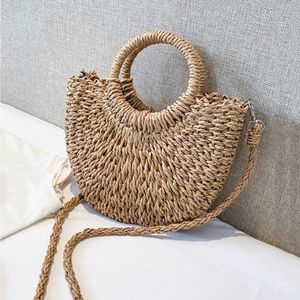 Half-Round Woven Straw Cross-Body Beach Bag